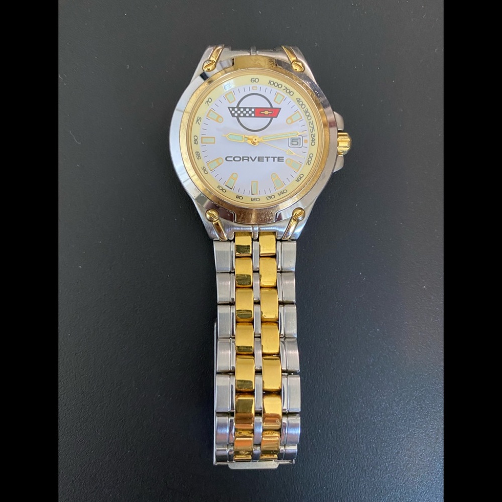 GM Official Licensed Corvette Stainless Steel Watch in silver with gold inlay.